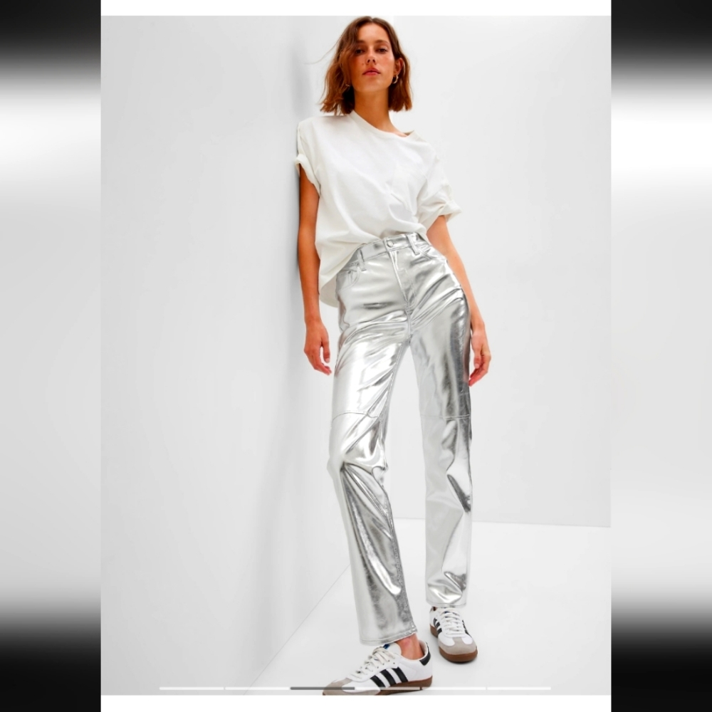 NWT GAP 25 petite High Rise Faux-Leather Cheeky Straight Silver Jeans Pants